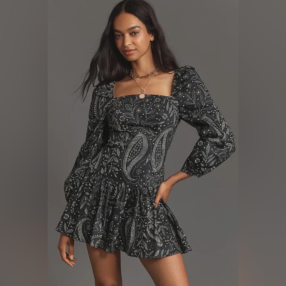 Maeve Anthropologie Women's Long Sleeve Square Neck Drop Waist Mini Dress- Small